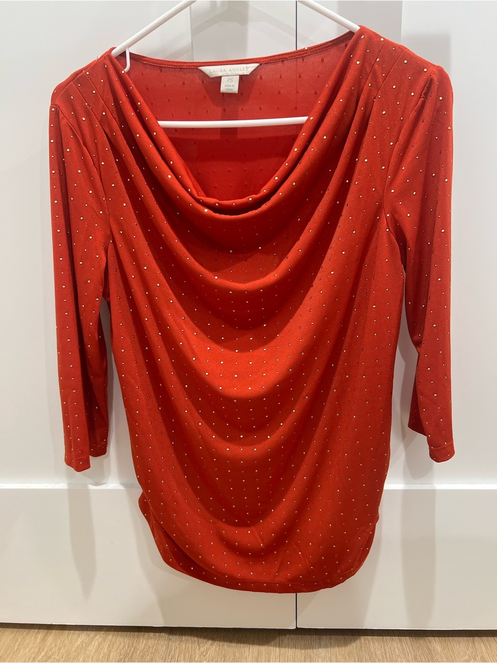 Vintage Laura Ashley Deep Orange Draped Cowl Neck Top with Metallic Dots